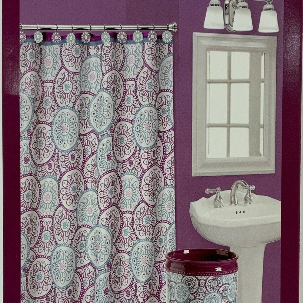 Dream Wheels Fabric Material Shower Curtain 70in X 72 in Purple Teal White